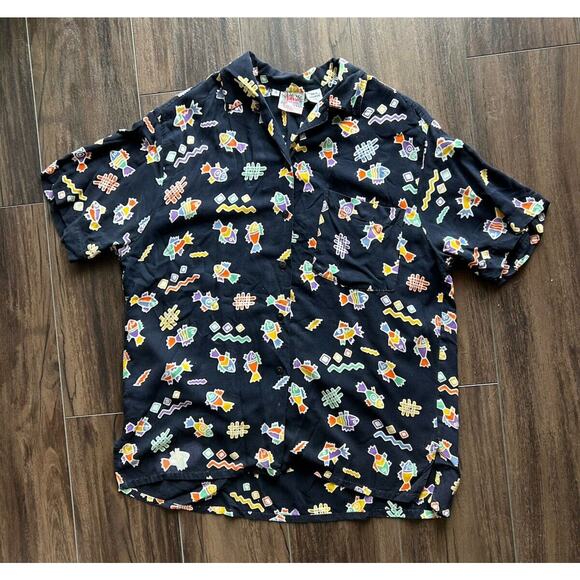 Men’s Java Wraps Dark Navy Fish 80s Print Dark Navy Button Up Shirt Rayon S - Picture 1 of 7